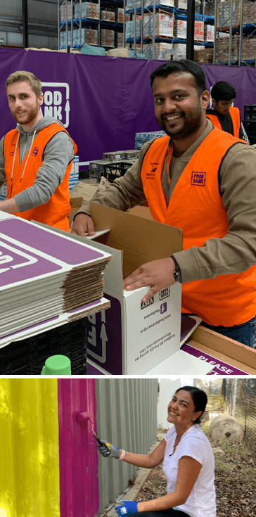 Volunteers packing boxes and a volunteer painting a fence