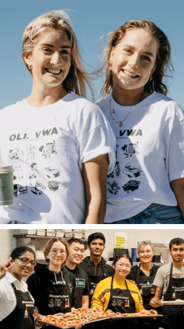 Two youth volunteers wearing VWA Society t shirts designed by Oli